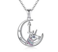 TINGN Licorne Cadeaux pour Filles Collier Croissant, Plaqué Or Blanc 14K Croissant de Lune Pendentif Licorne Colliers Lettre L Coloré CZ Licorne Collier Bijoux Licorne Cadeaux pour Filles Femmes