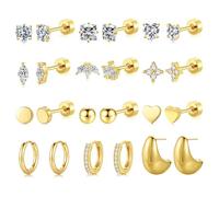 TINGN Lot de 12 paires de boucles d'oreilles dorées, argentées, en acier chirurgical 316L CZ en forme de cœur, pour hélix, tragus, cartilage, oreille pour homme et femme, Argent