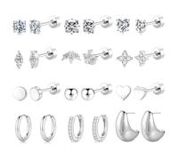 TINGN Lot de 12 paires de boucles d'oreilles dorées, argentées, en acier chirurgical 316L CZ en forme de cœur, pour hélix, tragus, cartilage, oreille pour homme et femme, Argent