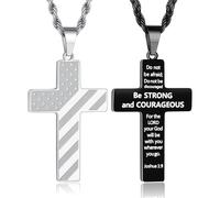 TINGN Lot de 2 chaînes en forme de croix pour homme et femme en acier inoxydable avec pendentif en forme de croix - Argent et noir - Prière de la Bible - Bijoux religieux - Drapeau américain, 51 cm