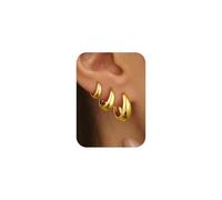 TINGN Lot de 3 paires de boucles d'oreilles créoles en or hypoallergénique plaqué or 14 carats - Légères - Petites boucles d'oreilles huggie ovales épaisses - Pour femme - Boucles d'oreilles créoles