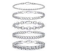 TINGN Lot de 5/6/8 bracelets en acier inoxydable pour homme - Chaîne à maillons cubains - Cadeau pour homme, père, ami, mari, Acier inoxydable