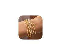 TINGN Lot de 5 bracelets pour femme plaqué or 14 carats - Bracelets pour femme et fille - Perles superposées - Perles en perles / croix - Bracelet réglable, Cuivre