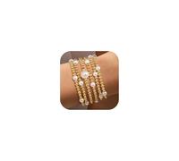 TINGN Lot de 5 bracelets pour femme plaqué or 14 carats - Bracelets pour femme et fille - Perles superposées - Perles en perles / croix - Bracelet réglable, Cuivre