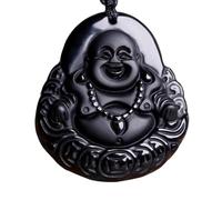 Tingyilan Bouddha Riant Obsidienne Noire Force Protection Collier Pendentif,Noir