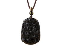 Tingyilan Collier pendentif amulette en obsidienne naturelle Feng Shui, gravure des 12 signes du zodiaque chinois, amulette horoscope en pierre précieuse avec signe animal,Noir,Monkey+Rat+Dragon