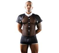 Tingyilan Hommes Prêtre Costume Maille Patchwork Cuir Cosplay Jeu de rôle Lingerie Renaissance Vintage Uniforme Vicaire Déguisements,Noir,XL