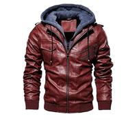 TINNYTT Veste en Cuir pour Homme, Moto Décontractée à Capuche, Automne et Hiver, Faux Deux Pièces, Rouge-4XL