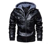TINNYTT Veste en Cuir pour Homme, Moto Décontractée à Capuche, Faux Deux Pièces, Automne et Hiver, Black-L