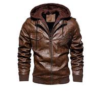 TINNYTT Veste en Cuir pour Homme, Veste de Moto décontractée en Cuir pour l'automne et l'hiver, Veste en Cuir à Capuche, Faux Deux pièces,Brown-L