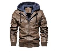 TINNYTT Veste en Cuir pour Homme, Moto Décontractée à Capuche, Faux Deux Pièces, Automne et Hiver, Khaki-L