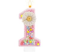 Tinoaly Bougie d'Anniversaire Numéro 1 Rose, 7,3cm Marguerite Mignonne Macaron Pastel Brillante Bougie de 1er Joyeux Anniversaire Décoration de Gâteau pour Filles Femmes Premier Anniversaire