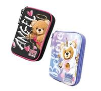 Tinta Unita Trousse rigide One Time EVA 21,5 × 14 × 7 cm - Ensemble scolaire fantaisie jeune ours et cupidon - 2 stylos effaçables + crayons + accessoires, Bleu ciel rose Angel, 3 fermetures éclair