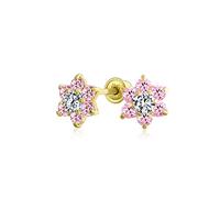 Tiny Cz Flower Stud Ears For Women For Teen Cubic Zirconia Simuléeted Pink Sapphire 14K Real Gold Screw Back