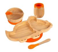 Tiny Dining Ensemble d'alimentation pour bébé - Dinosaure - Orange - 5 pièces - Assiette de sevrage pour bébé en bambou antidérapant divisé, bol, gobelet, fourchette et cuillère