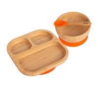 Tiny Dining Ensemble de dîner pour bébé - Segmenté - Orange - 3 pièces - Assiette de sevrage, bol et cuillère en bambou antidérapant divisé pour bébé, bol et cuillère