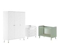 TINY WHITE - Chambre avec lit bébé vert + table à langer + Armoire 3 Portes - VIPACK Blanc G