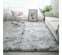 Tinyboy-hbq Tapis pelucheux à poils longs doux et antidérapant pour chambre à coucher, salon, décoration d'intérieur (135 x 185 cm, gris et blanc)