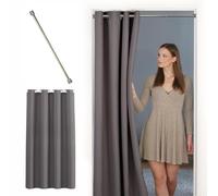 tinycurtains, Rideau de Porte avec Barre télescopique, Montage Facile en 1 Minute sans percer, pour Toutes Les Tailles de Portes Standard (Rideau Gris 200 x 150 cm + Tringle argentée 70-120 cm)