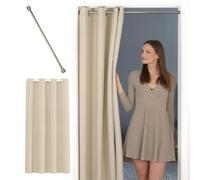tinycurtains, Rideau de Porte avec Barre télescopique, Montage Facile en 1 Minute sans percer, pour Toutes Les Tailles de Portes Standard (Rideau Beige 200 x 150 cm + Tringle argentée 70-120 cm)