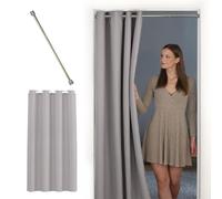 tinycurtains, Rideau de Porte avec Barre télescopique, Montage Facile en 1 Minute sans percer, pour Toutes Les Tailles de Portes Standard (Rideau Gris Clair 195 x 150 cm + Tringle argentée 55-90 cm)
