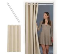 tinycurtains, Rideau de Porte avec Barre télescopique, Montage Facile en 1 Minute sans percer, pour Toutes Les Tailles de Portes Standard (Rideau Beige 200 x 150 cm + Tringle Blanche 70-120 cm)