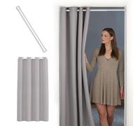 tinycurtains, Rideau de Porte avec Barre télescopique, Montage Facile en 1 Minute sans percer, pour Toutes Les Tailles de Portes Standard (Rideau Gris Clair 200 x 150 cm + Tringle Blanche 55-90 cm)