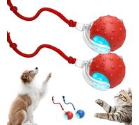 Tinyfetch Lot de 2 jouets interactifs à déplacement rapide pour chien avec chant d'oiseaux, balle électrique intelligente à roulement automatique à 360° avec corde pour chiens et chats (rouge)