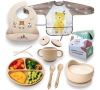 tinyfluffy Vaisselle pour bébé - Couverts pour bébé, vaisselle en silicone, assiette bébé, bavoirs imperméables, précuillères pour bébé, assiette ventouse pour enfants, bavoir en silicone (beige)