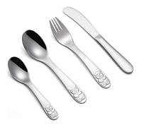 Tiokin Couverts pour enfants en métal, 4 pièces en acier inoxydable 18/10 avec couteau/fourchette/cuillère/petite cuillère, couverts pour enfants en argent, sains et polis, lavables au lave-vaisselle