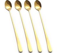 tiokin Lot de 4 cuillères à latte à long manche en acier inoxydable, idéales pour latte café, expresso, chocolat chaud, boissons chaudes, desserts et crème glacée, 22,3 cm (Gold)