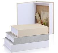 Tioncy Lot de 3 boîtes à livres en lin neutre pour décoration de ferme, décoration d'intérieur, étagère, carte de table, photo, souvenir, cadeau (plusieurs tailles, blanc riz, gris clair et blanc)