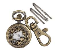 Tiong Montre à gousset à quartz en bronze avec motif heure et latitude-longitude - Petite taille, design rétro creux avec porte-clés et chaîne de collier, accessoire cadeau unique, KPW-79, Tendance