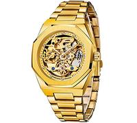 Tiong Montre Automatique Mécanique Automatique pour Homme Squelette Argent en Acier Inoxydable Noir Étanche Style Steampunk