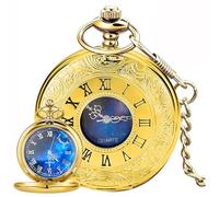 Tiong Montre de poche à quartz avec chiffres romains creux, style vintage, bleu étoilé, avec chaîne et pendentif pour homme et femme, Classique
