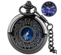 Tiong Montre de poche à quartz avec chiffres romains creux, style vintage, bleu étoilé, avec chaîne et pendentif pour homme et femme, 06 - Noir, Classique