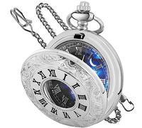 Tiong Montre de poche à quartz avec chiffres romains creux, style vintage, bleu étoilé, avec chaîne et pendentif pour homme et femme, CF2007-argent, Rétro