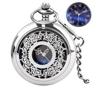 Tiong Montre de poche à quartz creuse bleue avec chiffres romains et chaîne - Cadeau de Noël ou d'anniversaire pour homme et femme, Argenté et noir., Rétro