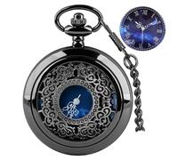 Tiong Montre de poche à quartz creuse bleue avec chiffres romains et chaîne - Cadeau de Noël ou d'anniversaire pour homme et femme, 06 - Noir, Classique