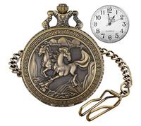 Tiong Montre de poche à quartz en bronze avec deux chevaux style peinture paysage cadran blanc chiffres arabes pour homme