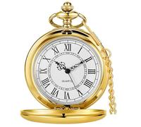 Tiong Montre de poche classique à quartz en acier lisse avec chaîne chiffres romains hommes femmes montres de poche pendentif fête des pères cadeau d'anniversaire, doré, Classique