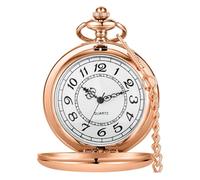 Tiong Montre de poche classique à quartz rétro en acier lisse avec chiffres arabes et chaîne pour homme et femme, Or rose 66, Classique