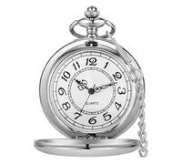 Tiong Montre de poche classique rétro à quartz en acier lisse - Montre de poche vintage pour homme et femme, chiffres arabes, cadran blanc avec chaîne pour anniversaire, remise de diplôme, 66-argent