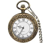 Tiong Montre de poche en bronze antique, boîtier gravé avec chiffres romains, montre de poche vintage à quartz pour homme avec chaîne