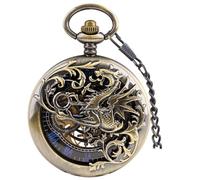 Tiong Montre de poche mécanique creuse vintage unique steampunk avec chaîne squelette chiffres romains montres de poche pour hommes cadeaux et boîte, Bronze et bleu, Classique