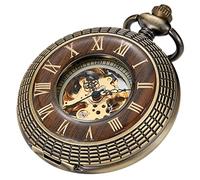 Tiong Montre de poche mécanique en bois de cuivre élégant avec cadran ouvert pour homme avec boîte à chaîne, 07-bronze, Classique