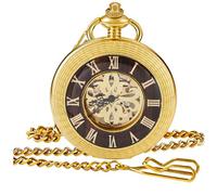 Tiong Montre de poche mécanique en bois de cuivre élégant avec cadran ouvert pour homme avec boîte à chaîne, 107-or, Rétro