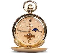 Tiong Montre de poche mécanique vintage Tourbillon unique Phase de lune Chiffres romains Échelle Double Hunter Montres de poche et coffret cadeau, doré, Rétro