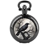 Tiong Montre de poche noire vintage steampunk à quartz pour homme et femme Collier Bijoux Cadeaux, Corbeau