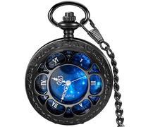 Tiong Montre de poche pour homme avec boîtier floral creux Steampunk bleu ciel étoilé Cadran chiffres romains Montre gousset avec chaîne